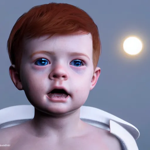 Image similar to hyperrealistic little baby boy big blue eyes thin auburn hair big cheeks, stunning 3 d render inspired by istvan sandorfi & greg rutkowski & mike judge, perfect symmetry, dim volumetric cinematic lighting, 8 k octane comprehensive render, extremely mega hyper - detailed and lifelike attributes & atmosphere, intricate, realistic flesh texture, masterpiece, artstation, stunning,