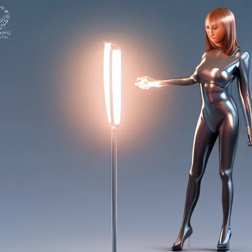 Image similar to a woman in a futuristic suit holding a glowing light, a computer rendering by Artgerm, featured on cgsociety, afrofuturism, daz3d, zbrush, futuristic