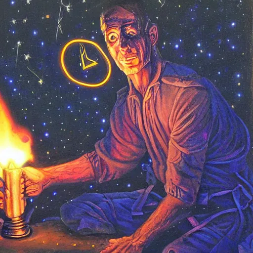 Prompt: a painting of a sorcerer casting a spell, rune marks, cavern, fireflies, torch, by scott fischer, john avon