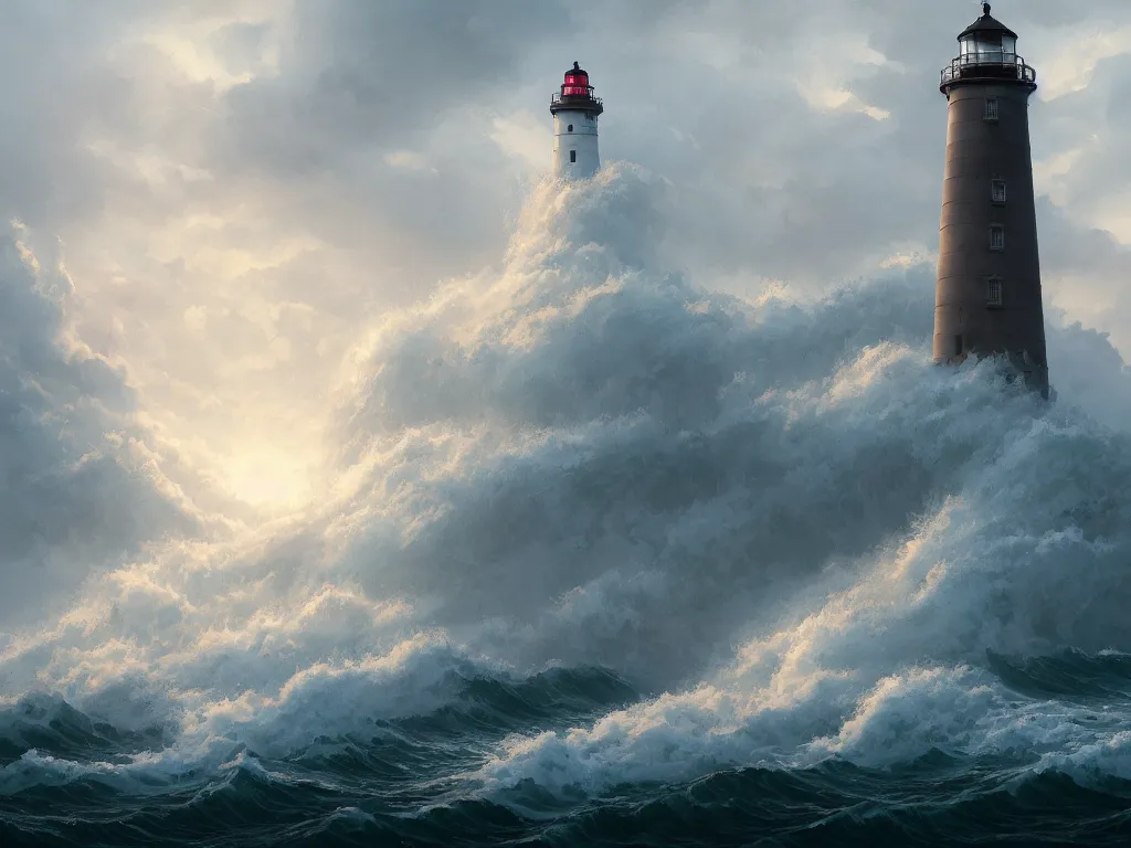 Image similar to A highly detailed matte oil painting of a lighthouse in a storm, crashing waves, hyperrealistic, cinematic, breathtaking, beautiful composition, Studio Ghibli, Artgerm, Dan Mumford, rossdraws, James Jean, beeple, volumetric lighting, octane render, 4K resolution, trending on artstation