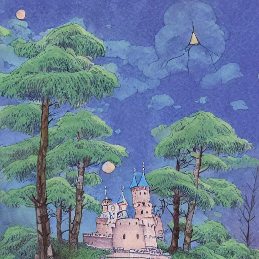 Image similar to laputa castle in the sky robot hayao miyazaki stands in a small clearing among trees, watercolor illustration for a book