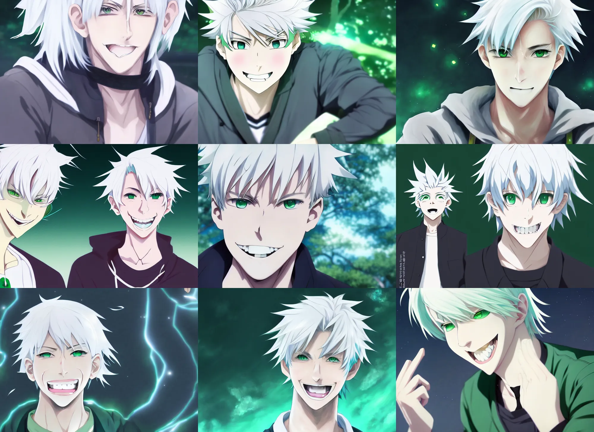 Prompt: white haired young guy with green eyes, laughing, beautiful anime portrait, symmetry, ecchi style, makoto shinkai, genshin impact, high quality, art, long shot