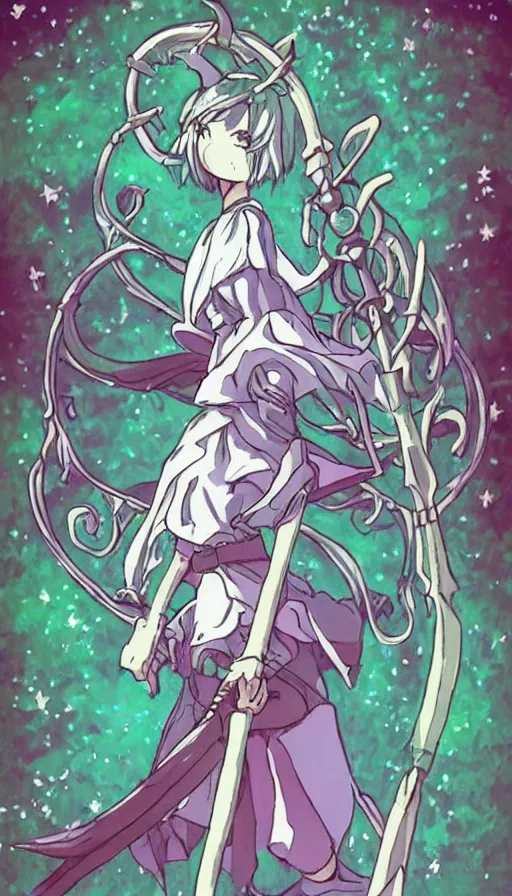 Image similar to a beautiful link drawing of the being death as a cute anime girl with a giant scythe from a studio ghibli film inspired by the death tarot card, dark vibes, pastel colors, cosmic,