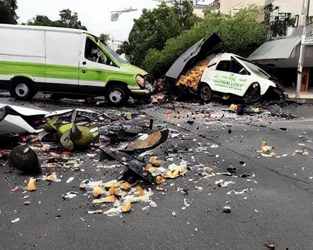 Prompt: photo of an avocado truck accident that overturned and spilled tons of avocados on the floor that people are picking up