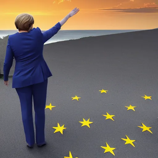 Image similar to angela merkel standing heroically on a pile of dead bodies while waving the eu flag during sunset, hyper realistic with detailed shadows