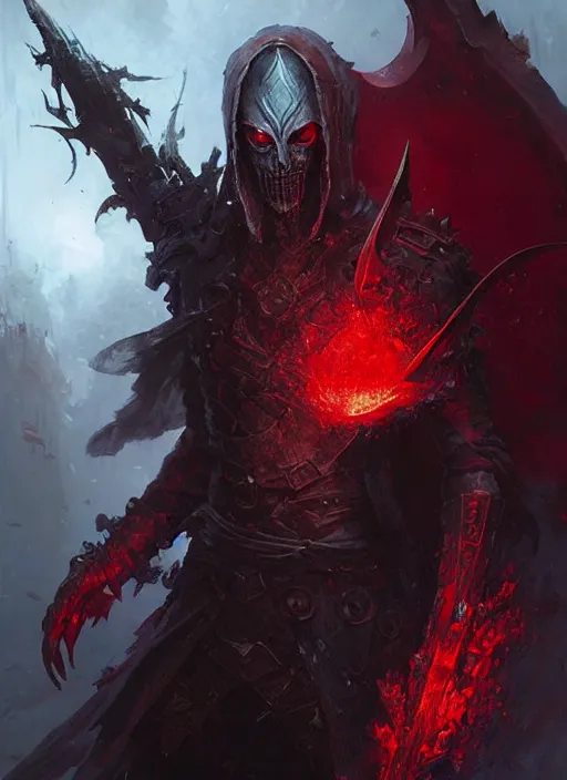 Image similar to male necromancer in a dark fantasy setting wearing a red mask, art by greg rutkowski, art by craig mullins, art by thomas kincade, art by Yoshitaka Amano