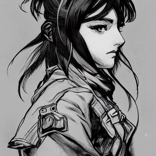 Image similar to manga style, black and white, thin line art, portrait of a girl, shoulder eyes, trench and sandbags in background, soldier clothing, military gear, short hair, hair down, symmetrical facial features, round face, 4 k, detailed drawing, by alphonse mucha, greg rutkowski