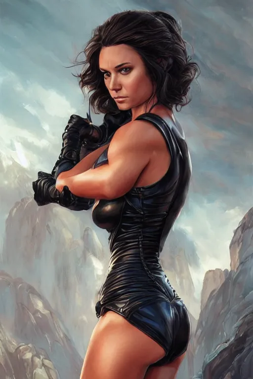 Image similar to muscled Nina Dobrev as a heroine in black leather, intricate, elegant, highly detailed, centered, digital painting, artstation, concept art, smooth, sharp focus, illustration, art by artgerm and donato giancola and Joseph Christian Leyendecker, Ross Tran, WLOP