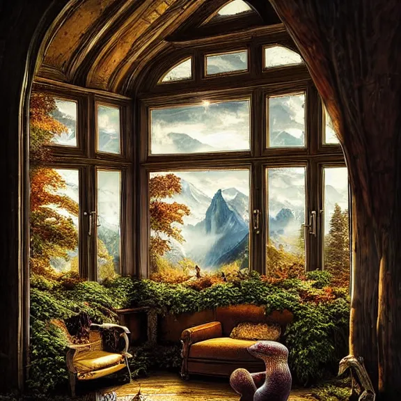 Image similar to fantastical living room with switzerland landscape in the window by marc adamus, beautiful dramatic lighting, overgrown with funghi, style by peter deligdisch, peterdraws