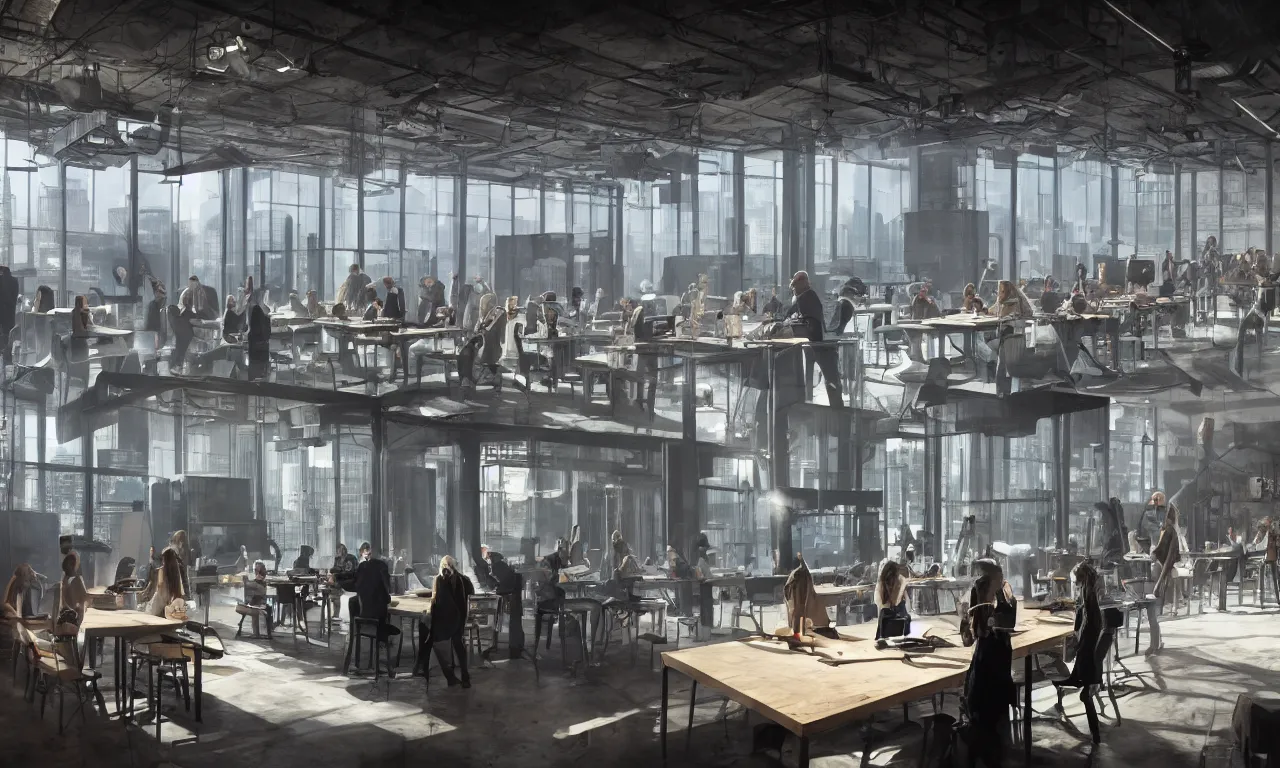 Image similar to cinematic concept, located in empty industrial warehouse with sunlight streaming through the windows, a large table in the middle of the frame that takes up a lot of space, a group of people standing around the table, on top of the table is a large hologram of a city futuristic city, some people are wearing virtual reality headsets in the foreground