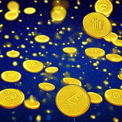 Image similar to Hologram of glowing golden coins raining from the sky, elegant digital painting