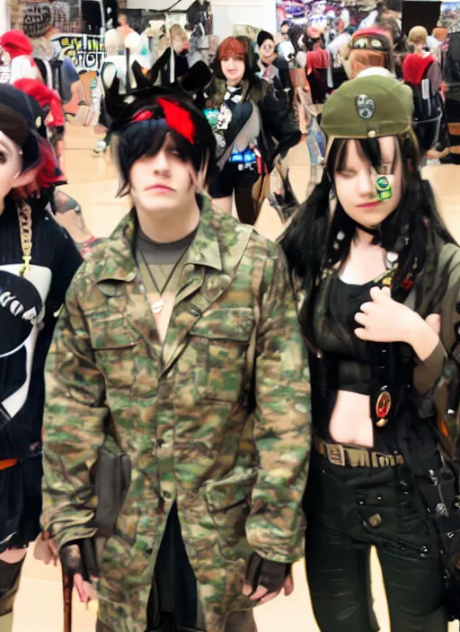 Prompt: hot topic anime convention, military fashion cosplay, camcorder vhs footage