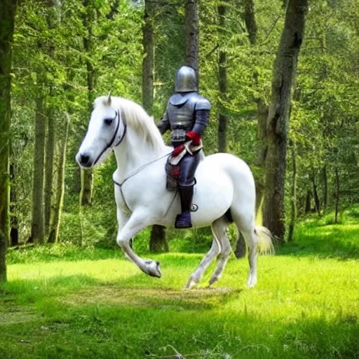 Image similar to An English knight in shining armor is riding a white horse along a path through a forest. It's noon. The sun shines brightly through the trees.