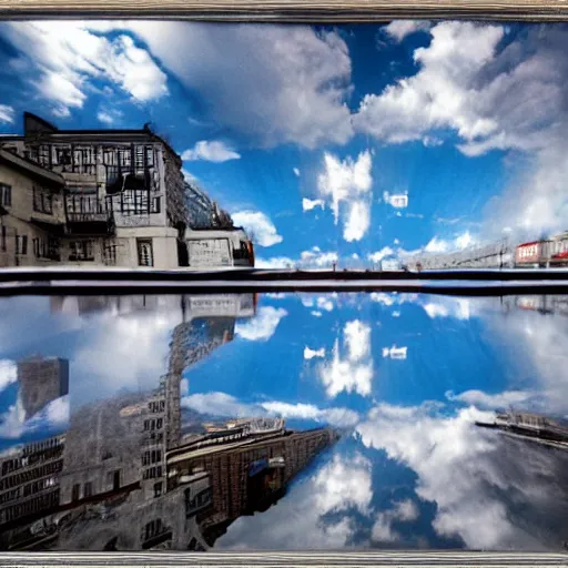 Prompt: lomography street photo wide angle clouds high contrast reflection, optical illusion