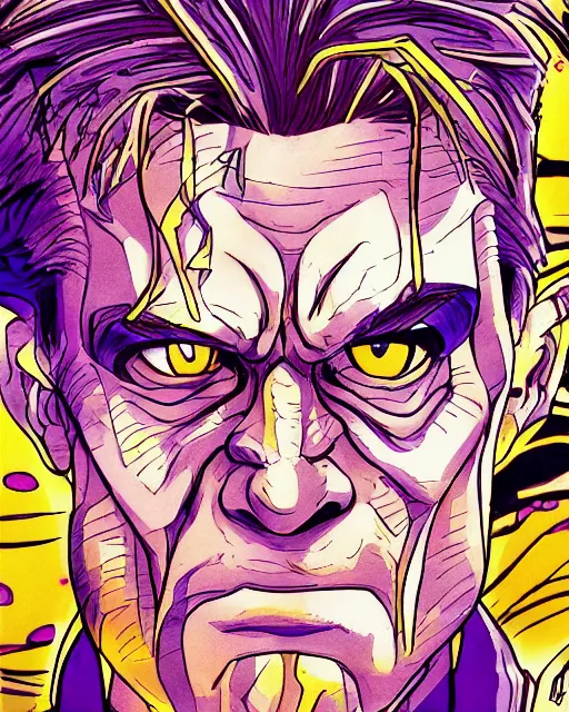 Prompt: Digital color ink drawing of Willem Dafoe from JoJo\'s Bizzare Adventure, highly detailed, sharp focus, screentone shading, 1990 manga panel, trending on ArtStation, manga cover art drawn by Hirohiko Araki