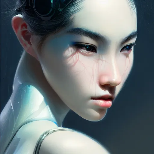 Image similar to portrait of beautiful girl with robot body by fenghua zhong and ruan jia, close up, portrait, cinematic, elegant, artstation, intricate, highly detailed, digital painting, artstation, concept art, sharp focus, illustration, cyberpunk, cgsociety, 8 k