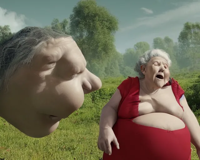 Image similar to of a very beautiful scene. ambient occlusion render. a sweet fat old woman is giving birth to her shadow. hyper realistic. 4 k. wide angle. wild. symmetrical face, red mouth, blue eyes. deep focus, lovely scene. ambient occlusion render. concept art. unreal engine.