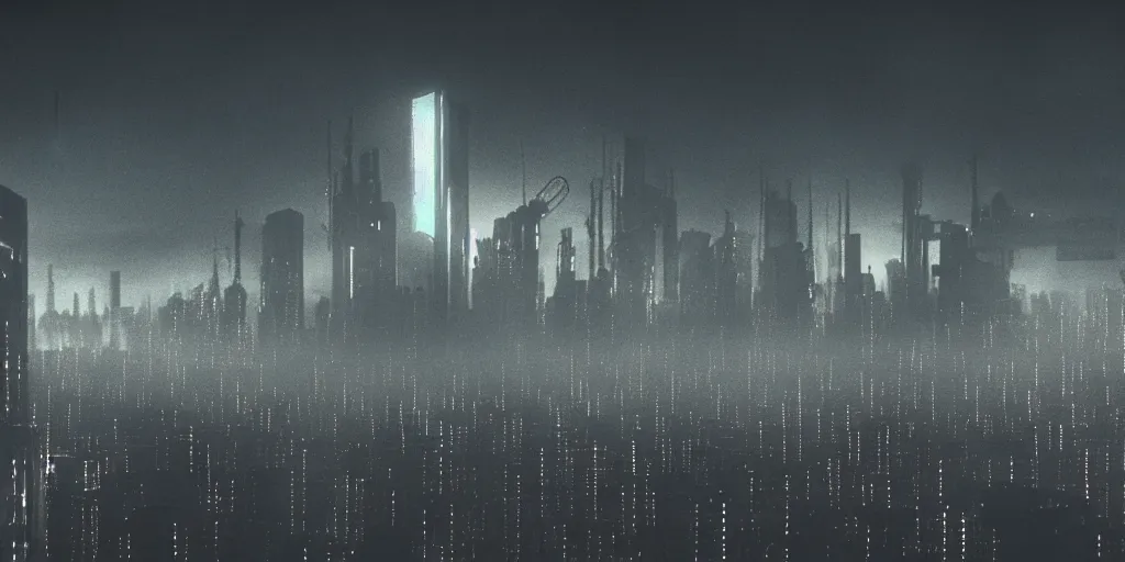 Image similar to 35mm photography film still landscape of noir cyberpunk city with industrial fires and smog, futuristic dystopian megacity skyline, matte painting, neon, sharp focus