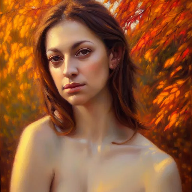 Prompt: stunning serene portrait of Sara Jay by Mark Arian, oil on canvas, masterpiece, realism, piercing gaze, autumn bokeh