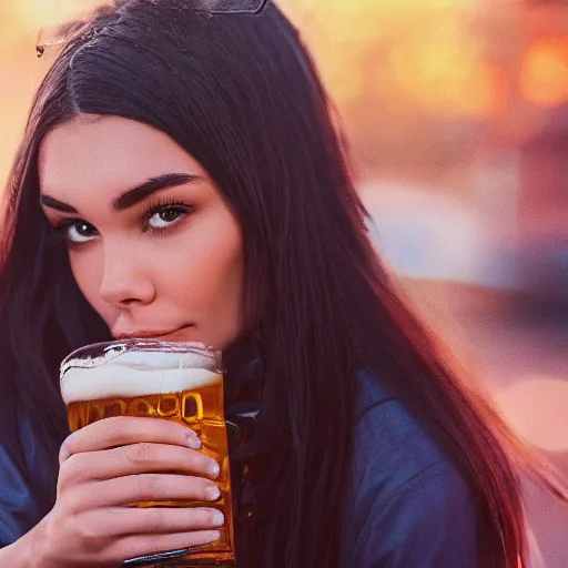 Image similar to 4k,ultra detailed portrait of Madison Beer drinking beer at the parking lot by Rachel Ruysch