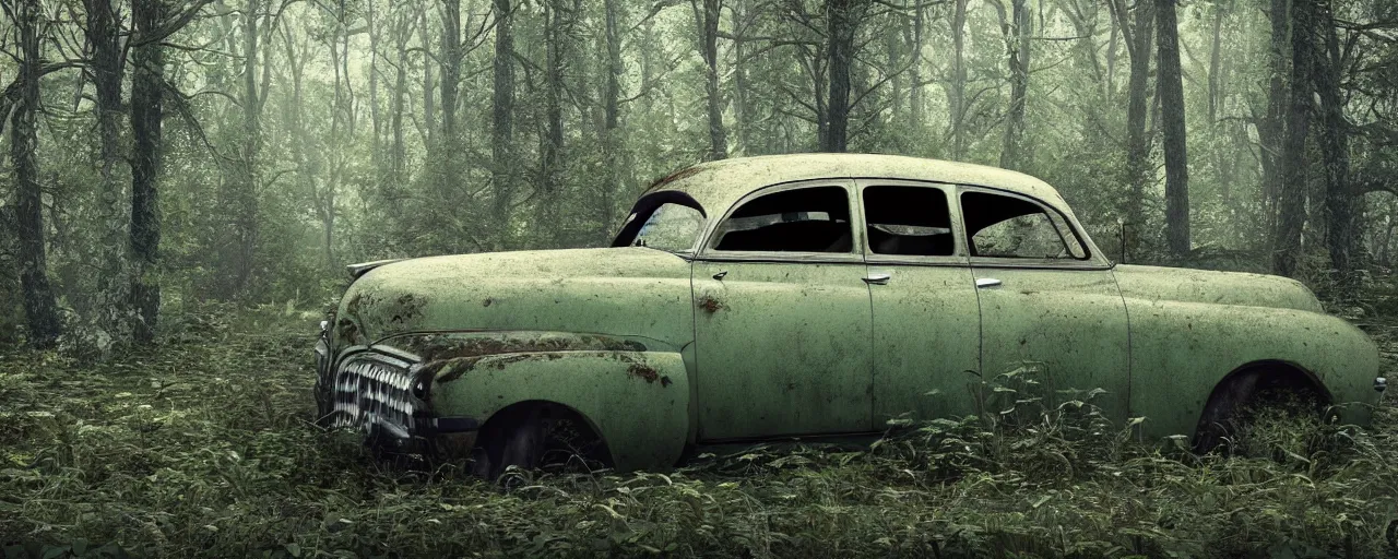 Prompt: Photograph of an abandoned rusty 1950's Buick in a forest, overgrown with vegetation, realistic octane render, 8k, ultra detailed