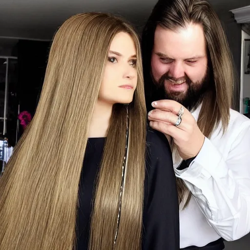 Prompt: man with shiny and silky long hair gets hair cut by a hair queen, lux