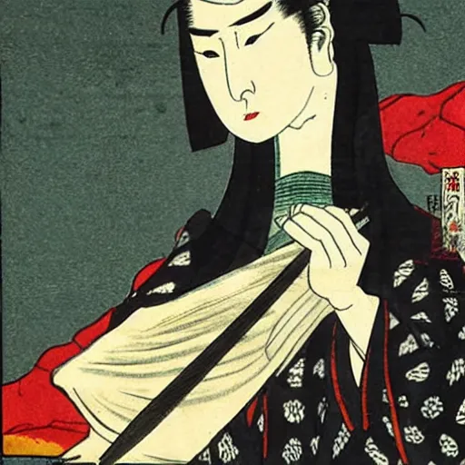 Image similar to a lady with sinister eyes holding a knife with blood on it, ukio-e style,
