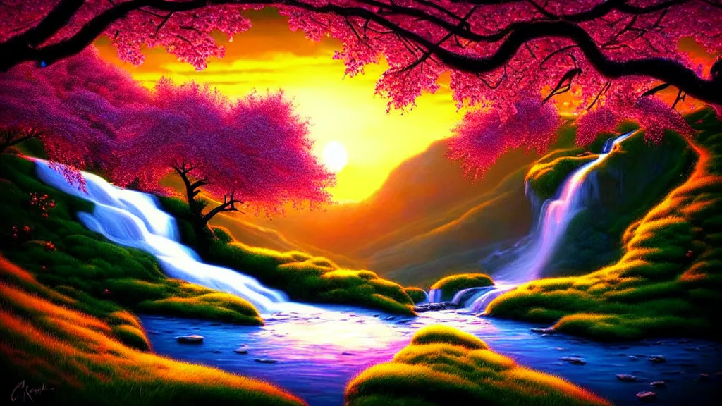 Image similar to featured on artstation cherry tree overlooking valley waterfall sunset beautiful image stylized digital art