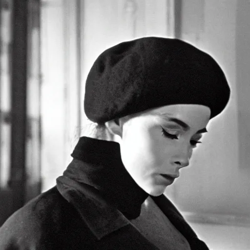 Image similar to still from a masterpiece 1 9 6 0 s french art film, very beautiful and elegant girl in beret with large eyebrows with an angry expression, moody lighting, viewed from afar, cinematic shot, the camera is focused on her conversation with a man, the movie is in color
