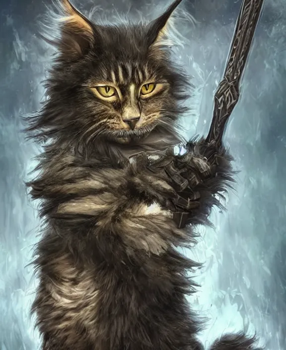 Image similar to humanoid male khajiit rogue, mainecoon cat features with black fur, far - mid shot, wearing leather armor, magic the gathering, fantasy