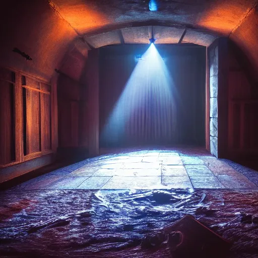 Prompt: a room with a coffin in the middle, flooding with red wine. shaft of light shines down from above