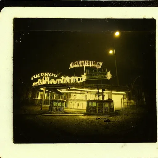 Prompt: an abandoned amusement park at night, scary, grotesque, old photo, polaroid