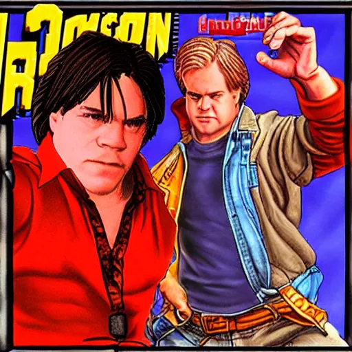 Image similar to portrait of philip seymour hoffman in double dragon video game splash screen