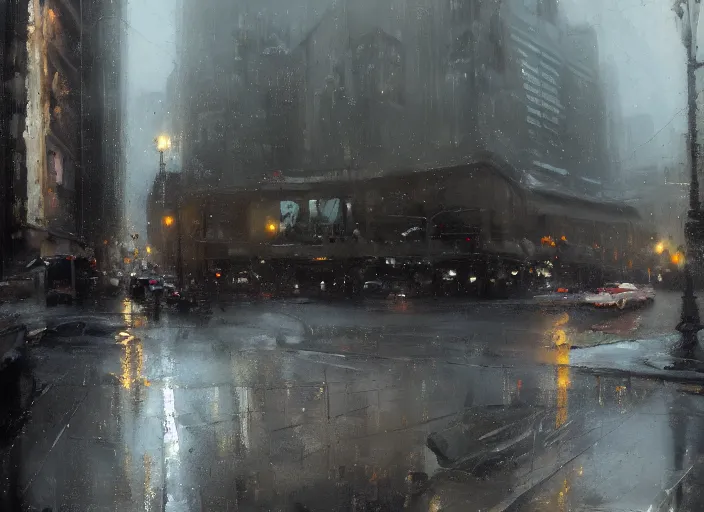 Image similar to a cityscape in winter painting by jeremy mann, street - level, dripping oil paint, thick brushstrokes, high resolution