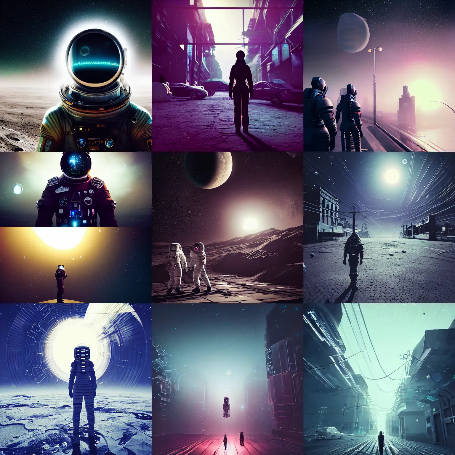 Prompt: people on the streets on the Moon, black sky full of stars, blinding sun, Neo Norilsk, Neo Kyiv, sci-fi, cyberpunk outfits, photorealistic, intricate, very very beautiful, elegant, smooth, photorealistic, cinematic, Unreal Engine 5, by Beeple, trending on Behance