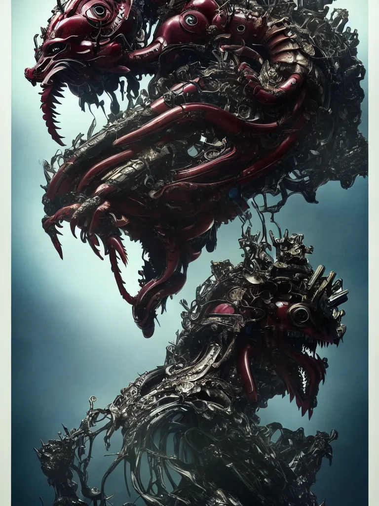 Image similar to exquisite imaginative creature beast from chinese mythology, sharp, ghost in the shell, slender and densely arranged teeth, poster art, movie art, elegant, by lucusfilm, weta studio and james jean, 8 k, denoised