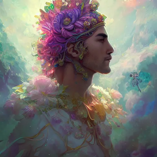 Image similar to a metaphysical flower king, mystical cosmic messenger, 4 k digital illustration by artgerm, wlop, james jean, andrei riabovitchev, marc simonetti, yoshitaka amano, artstation, cgsociety