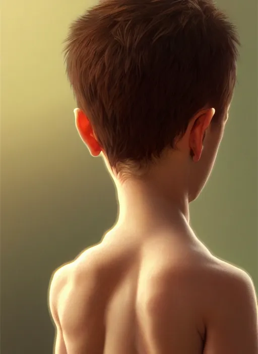 Image similar to perfectly - portrait of a boy from behind, intricate, highly detailed, digital painting, artstation, concept art, smooth, sharp focus, illustration, unreal engine 5, 8 k, art by artgerm and greg rutkowski and alphonse mucha