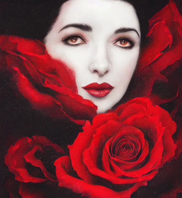 Image similar to portrait of kate bush, lush black hair, pale skin, red rose petals, flowing material, ruffled velvet background, intricate, beautiful cinematic lighting, stuning painting by artgerm and ruan jia and android jones