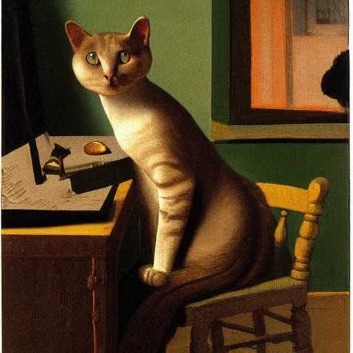 Prompt: cat on keyboard tragedy in the style of johannas vermeer