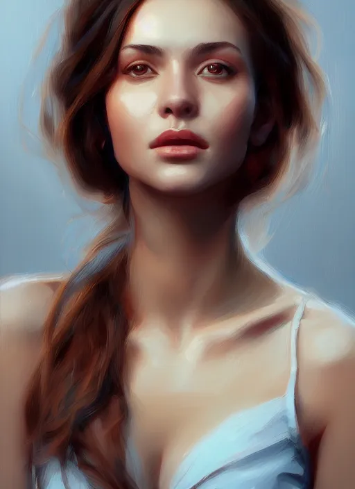 Prompt: portrait of a gorgeous young woman in the style of stefan kostic, artstation, concept art, realistic photo, 8k high definition