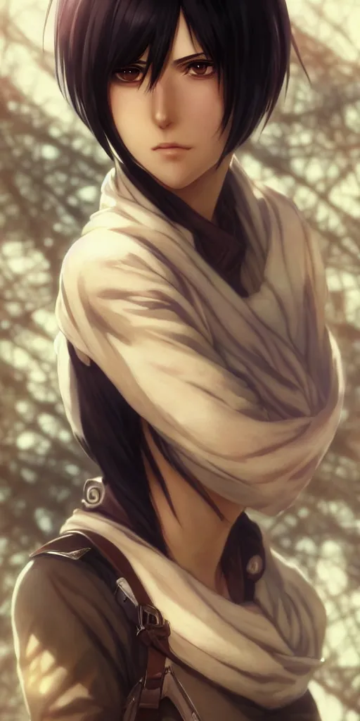 Image similar to mikasa ackerman, hero pose, medium shot, bokeh, beautiful face!!!!, 2 7 years old, cg animation, lifelike, animated, realistic, character select portrait, by artgerm, greg rutkowski, alphonse mucha, 3 d