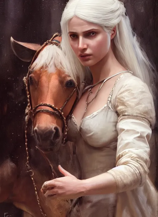 Image similar to painting of lady godiva with ciri from the witcher. by Daniel F. Gerhartz, hyperrealistic oil painting, 4k, very detailed faces, studio lightning