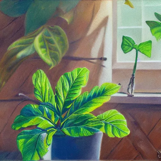 Image similar to leaves grow from a head in a pot, on wooden table in the ray of sunshine in greenhouse, oil painting, sharp focus, high detailed, calm, warm lighting, sparkles, by Rutkowsky,