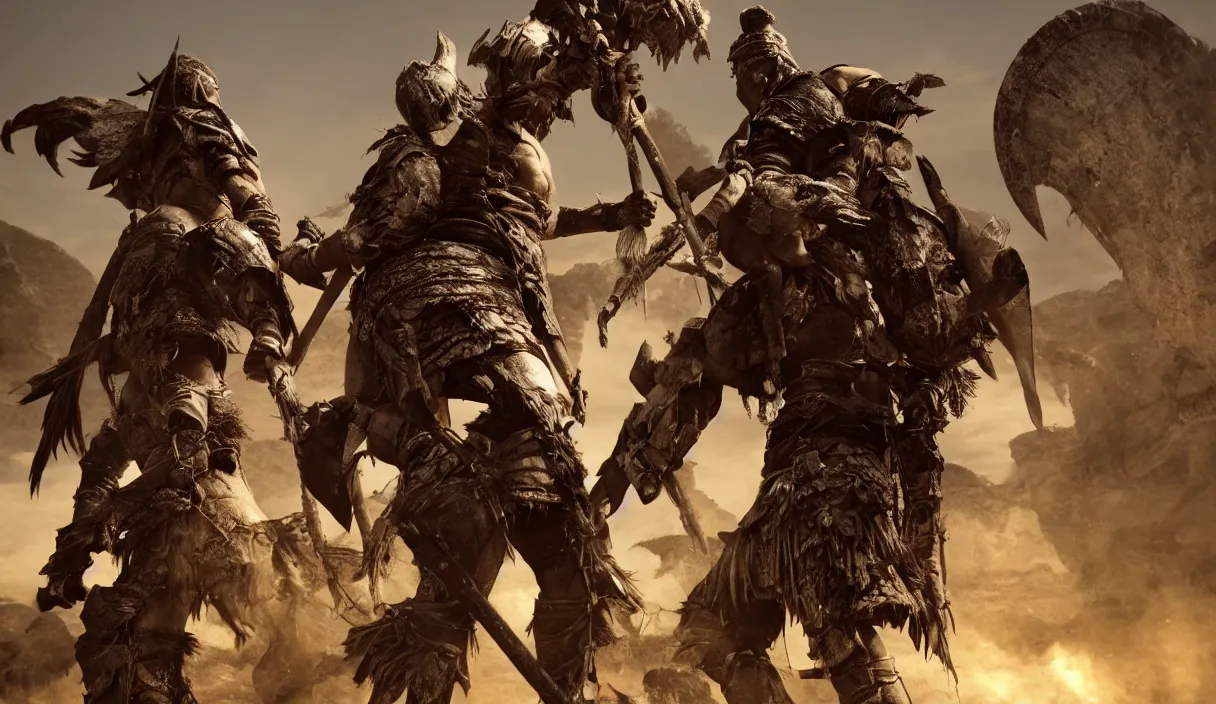 Image similar to long distance photo of two ancient tribesman standing against barbarians, in armor from monster hunter, attacking barbarian horde in the background, back shot, muscular bodies, dramatic lighting, cinematic, establishing shot, extremely high detail, photorealistic, 300 the movie,monster hunter the movie, monster hunter, cinematic lighting, artstation, octane render, western,old photo, vintage