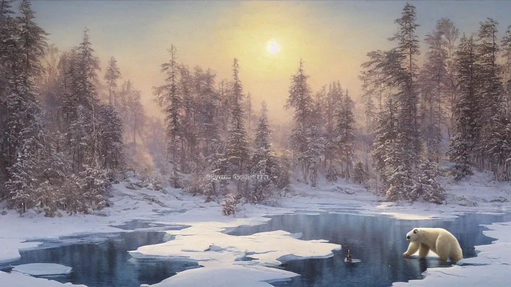 Prompt: the most beautiful panoramic landscape, oil painting, where a giant dreamy lake is frozen, the trees around have snow over their leafs, a giant polar bear is exhaling steam while walking over the frozen lake, the frozen lake is reflecting the giant polar bear and the ray lights of the sunrise are brightening him, by greg rutkowski