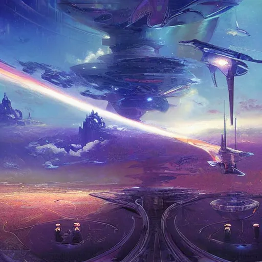 Image similar to skies walking castle crashed spaceship rich digital art depth of field sacred fantasy by alex grey, syd mead, john berkey, fenghua zhong, alena aenami, tristan eaton, john stephens, arthur adams