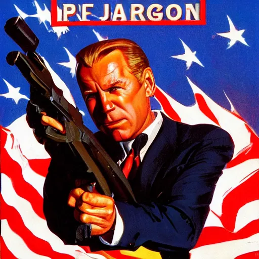 Image similar to propaganda poster of joe biden pointing gun directly at camera in james bond movie, closeup of gun, visible barrel and grip by j. c. leyendecker, bosch, lisa frank, jon mcnaughton, and beksinski