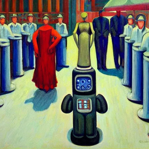 Image similar to robot druids in a grand processional, capital plaza, grant wood, pj crook, edward hopper, oil on canvas