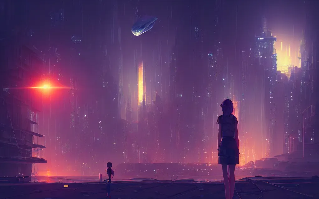 Image similar to girl staring at a meteorite hitting a floating cyberpunk city at night by wlop, low poly art, ultra detailed color art, high detail, digital art